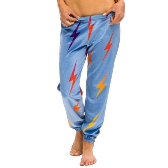 AVIATOR NATION Velvet Lightning Bolt Stitch Repeat AOP Jogger S Sweatpants Blue - Picture 2 of 5